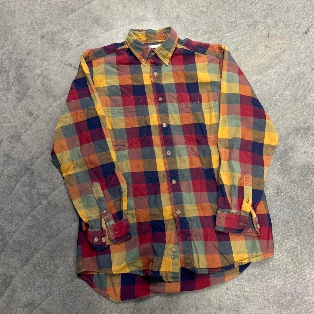 Men's Plaid Flannel Wrangler Button Up Shirt Yellow Red Green Granola Medium